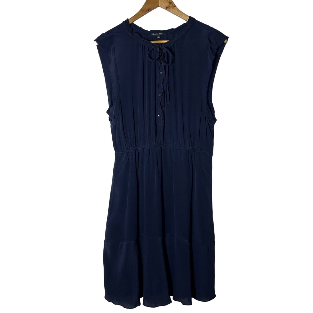Broadway & Broome Dress Size 12 Navy Blue 100% Silk Tie Neck Tiered Mini